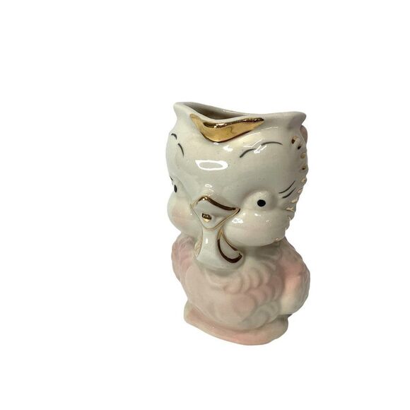 VIntage 1950's Shawnee Ceramic PInk Bird Owl Chick PItcher Creamer 6"  Gold Trim - Picture 1 of 10
